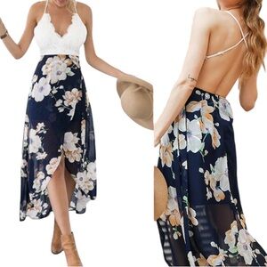YOINS navy blue white tropical floral lace backless high low midi dress medium